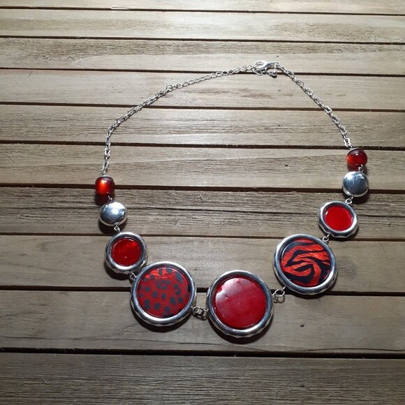 Necklace Large Red Disc Zebra Stripe Leopard Spot Christmas Valentine - Picture 10 of 10